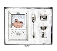Beau coffret cadeau plaqué argent pour baptême - 4 pièces, avec coquetel, cuillère, cadre photo de bébé, anneau de serviette dans un coffret cadeau.