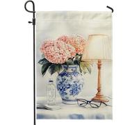 Beau drapeau de jardin floral, pot de fleurs d'hortensia de pêche, décoration d'intérieur, drapeaux de jardin, double face en toile de jute, décoration extérieure pour le printemps et l'été, 30,5 x