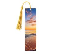 Beau marque-page en bois fait à la main pour les amateurs de livres, motif lever de soleil tropical sur la plage, marque-page en bois avec pompon, marque-page de lecture, étiquettes cadeaux en bois