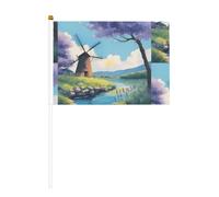 Beau moulin à vent de rivière dix pièces imprimé double face drapeau à main 14 x 20,8 cm, adapté pour encourager les activités d'équipe
