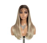 Beau Perruque avant en dentelle cheveux de bébé raides Bob synthétique 22 pouces perruques blondes platine à racine foncée