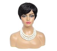 Beau Perruque courte et moelleuse à frange inclinée for femmes, bandeau adapté un usage quotidien de fête(Noir)