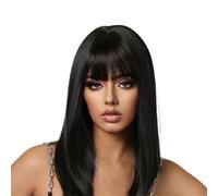 Beau Perruque synthétique Bob noire lisse avec frange, perruques de Cosplay mi-longues en couches for femmes