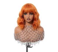 Beau Perruque synthétique orange avec frange, perruques Bob naturelles ondulées courtes, en Fiber résistante à la chaleur