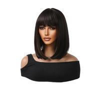 Beau Perruques Bob courtes et lisses noires avec reflets bruns, perruque synthétique for Cosplay quotidien