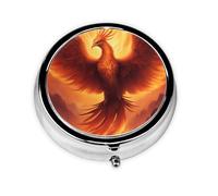 Beau phénix, cette petite boîte à pilules ronde imprimée est un organisateur portable de pilules et de vitamines, parfait pour les poches, les sacs à main et les voyages.