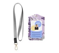 Beau porte-badge professionnel en cuir synthétique imprimé papillon violet avec lanière - Fenêtre transparente imperméable pour le personnel de bureau ou d'hôpital.