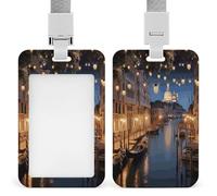 Beau porte-badge Venise la nuit transparent avec lanière amovible - Pochette verticale en plastique rigide pour sécuriser les cartes d'identité de travail, cartes de crédit pour bureau, usine