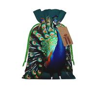 Beau sac cadeau en lin avec cordon de serrage imprimé paon pour fête de Noël, sacs cadeaux de vacances.