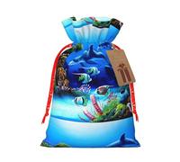 Beau sac de Noël avec cordon de serrage et étiquette en papier kraft Motif dauphins du monde sous-marin 12 x 17 cm