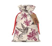 Beau sac d'emballage de Noël imprimé colibri en lin avec cordon de serrage, sac cadeau de mariage amusant