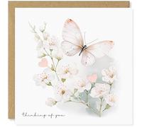 Beau Willows Carte de condoléances Thinking of You Motif papillon floral avec cœurs roses pailletés et strass argentés