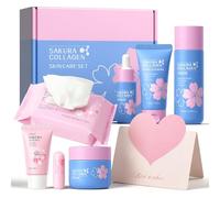 BeauBase Sakura Collagène Coffret Soin Visage 7 Pièces avec Solaire SPF 50+ | Coffret Cadeau Femme Routine Glass Skin : Kit Beauté Premier Anti-Âge avec Sérum, Crème et Lingettes Démaquillantes
