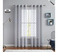 Beauoop Lot de 2 rideaux de fenêtre transparents en mousseline de soie avec pompons brodés pour salon, chambre à coucher ou chambre de fille, 137,2 x 228,6 cm (l x L), gris
