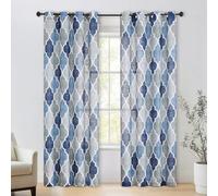 Beauoop Lot de 2 Rideaux Semi-Transparents à Motif géométrique quadrilobe à œillets avec imprimé à Carreaux marocains pour Salon, Cuisine, 127 x 213 cm, Bleu/Gris