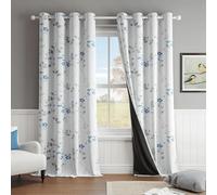 Beauoop Rideaux Occultants Floraux Bleu Gris pour Salon Chambre 228 cm de Longueur Impression Feuille Blanche avec Œillets Rideau Thermique Isolant Réduisant le Bruit pour Fenêtre 2 Panneaux