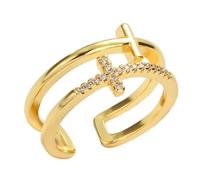 Beaupretty Bague Ajustable Croix Féminine Double Couche Pierre Brillante, Anneau Ouvert en Alliage Doré, Bijou Chrétien pour Femmes, Présent Mode et Cérémonie, 1 Pièce