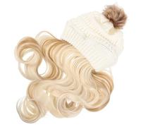 Beaupretty Chapeau Femme Avec Cheveux Longs Ondulés Bonnet Tricoté Blanc Avec Perruque Dorée Détachable Hiver Accessoires Mode