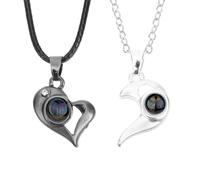Beaupretty Colliers de Couple Magnétiques en Alliage Argenté Cordon Cuir Noir et Blanc Collier Projection « je T’Aime » en 100 Langues Présent Original Saint-Valentin pour Lui