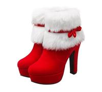 Beaupretty Courtes à Talons Épais pour Femmes Bottines de Peluche avec Nœud et Latérale Semelle Antidérapante pour Fêtes Hivernales