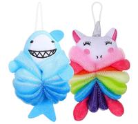Beaupretty Lot de 2 Éponges de Bain pour Garçon et Filles, Motifs Licorne Rose et Requin Bleu, Éponge de Douce et Moussante, Loofah de Bain pour Gommage Corporel, Accessoires Garçon