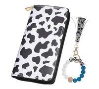 Beaupretty Portefeuille Long à Motif Vache Cuir PU avec Fermeture Éclair et Bracelet Porte-clés Perlé pour Femme Usage Quotidien Voyage Shopping 19 Cm