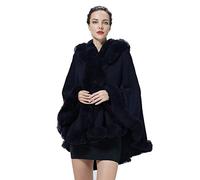 BEAUTELICATE Poncho Fourrure Châle Étole Cape à Capuche Tricoté Manteau avec Col de Fourrure pour Femme Automne Hiver Mariage Soirée Gala(Taille Unique, Bleu Marine)