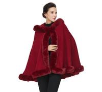 BEAUTELICATE Tricoté Poncho Femme Cape Manteau à Capuche Chaude Châle Étole en Fausse Fourrure pour Automne Hiver Mariage Soirée Gala Mariée Demoiselle d'honneur(Taille Unique, Rouge Vineux)