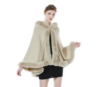 BEAUTELICATE Tricoté Poncho Femme Cape Manteau à Capuche Chaude Châle Étole en Fausse Fourrure pour Automne Hiver Mariage Soirée Gala Mariée Demoiselle d'honneur(Taille Unique, Beige)