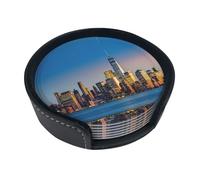 Beautiful City Sky Line Lot de 6 dessous de verre ronds en cuir synthétique pour la cuisine, les bars, le café, la bière, le thé, la protection de table