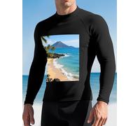 Beautiful Coastline of Volcanic Island Maillot de bain Rashguard UPF 50+ à manches longues pour homme Séchage rapide