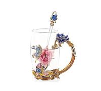 Beautiful Gift Enamel Clear Glass Coffee Mug Tea Water Cup with Spoon Handmade Butterfly Rose Gift Set (Blue Rose)