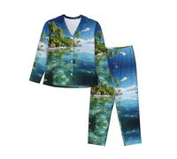 Beautiful Island In The Sea Ensemble de pyjama à manches longues pour femme Haut et pantalon pour la nuit Sommeil Relax Lazy Weekend, Noir , S
