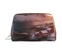 Beautiful Island in The Sea Trousse de maquillage en cuir de grande capacité Sac de rangement de voyage à double usage Trousse de toilette et trousse de maquillage, Lever de soleil sur Hamnoy, Taille