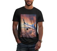 Beautiful Sky Airplane Print T-shirt pour homme à porter au quotidien à la maison, détente, voyage, activités physiques, col rond, noir, Taille 4XL