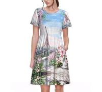 Beautiful Tower Paris Robe d'été à manches courtes pour femme avec ceinture nouée à la taille, Noir , M