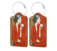 Beautiful Woman Coffee Time Lot de 2 étiquettes de bagage abstraites en cuir avec rabat d'intimité et boucle en métal pour homme et femme