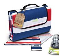 Beautissu Couverture Pique Nique Impermeable 200x200 cm Bleu & Rouge Bella - Plaid Tapis Pique Nique Nappe Picnic Portable pour Camping, Jardin Couverture de Plage avec Poignée
