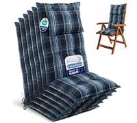 Beautissu Lot de 6 Premium Coussin Chaise Dossier Haut Coussin Exterieur Jardin 120x50x7cm Matelas épais Fait en UE Matériel Robuste 200g/m² Résistance UV HighLux HL Bleu-Blanc carré