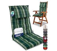 Beautissu Premium Coussin Chaise Jardin Dossier Haut avec Sangles Fixation | 120x50cm vert à carreaux 8cm épaisseur tissu robuste antidérapant résistance aux UV fauteuil appui-tête rembourré bain Sun-HL