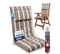 Beautissu Set de 5 Coussin Chaise Jardin Dossier Haut avec Sangles Fixation | 120x50cm beige blanc rayé 8cm épaisseur tissu robuste antidérapant résistance aux UV fauteuil premium appui-tête Sun-HL