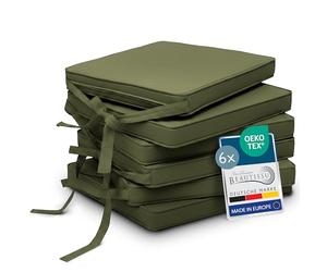 Beautissu Set de 6 Coussin de Chaise d'intérieur Galette déhoussable Assise | 45x40cm Vert Olive avec bandes de fixation d' exterieur jardin Lavable rembourrage cuisine antidérapante ronde Loft SK