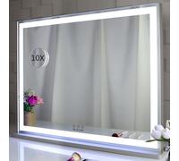 BEAUTME Miroir de Maquillage Hollywood LED Grand Miroir Coiffeuse Lumineux, Contrôle Tactile 3 Modes de Couleur, Grossissant 10x pour la Chambre à Coucher, Argent（72X56,2CM）