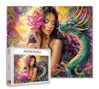 Beauty and Green Dragon Jigsaw Puzzle, Lotus Flower Fairy 1000 pièces Puzzle pour adultes, 68 x 50 cm, puzzles pour familles, qualité HD, belle femme avec décor de puzzle dragon