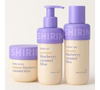 BEAUTY Bundle - Exfoliant pour le corps, huile corporelle et gel douche - Creamy Blueberry Caramel Bliss by Shirin David - Édition limitée - Végétalien et doux pour la peau + autocollant Purlife