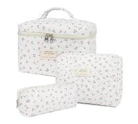 Beauty Case, 3 Pièces Florale Grande Capacité de Maquillage, de Beauté Maisons de Voyage Coton Doux Beauté Matelassé Grandes Toilette Maquillage Sac Organisateur, Petite cerise, Vintage