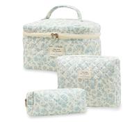 Beauty Case, 3 Pièces Florale Grande Capacité de Maquillage, de Beauté Maisons de Voyage Coton Doux Beauté Matelassé Grandes Toilette Maquillage Sac Organisateur, bleu, Vintage