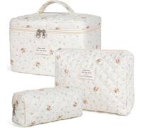 Beauty Case, 3 Pièces Florale Grande Capacité de Maquillage, de Beauté Maisons de Voyage Coton Doux Beauté Matelassé Grandes Toilette Maquillage Sac Organisateur, rouge, Vintage