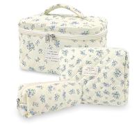 Beauty Case, 3 Pièces Florale Grande Capacité de Maquillage, de Beauté Maisons de Voyage Coton Doux Beauté Matelassé Grandes Toilette Maquillage Sac Organisateur, Citrouille bleue, Vintage