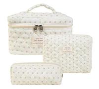 Beauty Case, 3 Pièces Florale Grande Capacité de Maquillage, de Beauté Maisons de Voyage Coton Doux Beauté Matelassé Grandes Toilette Maquillage Sac Organisateur, Fleur d'abeille, Vintage